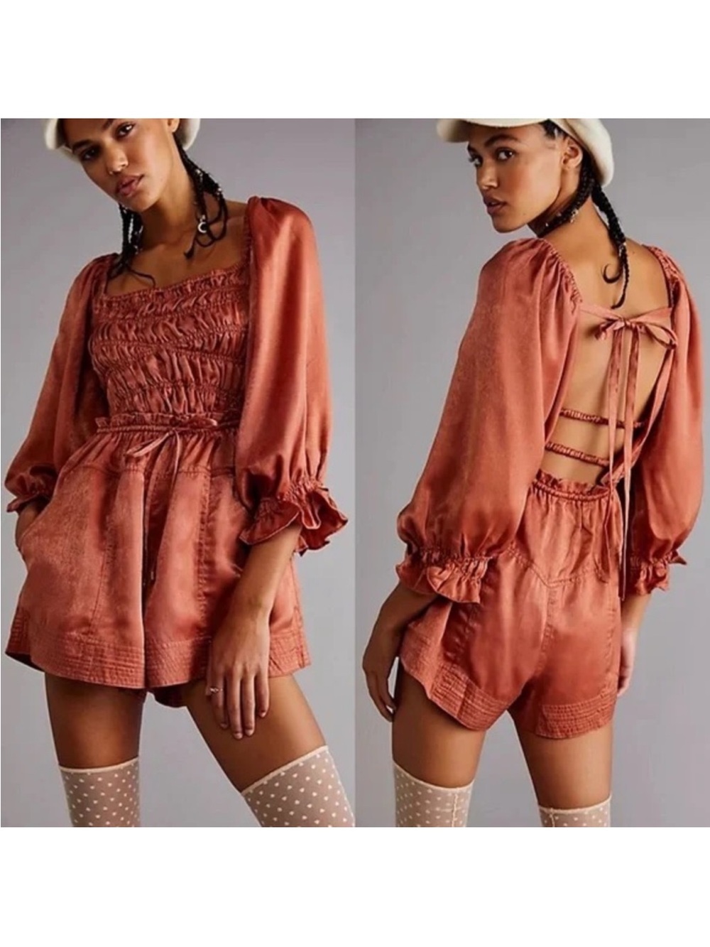 Free People Cassidy Romper in Rust Size XS Silky Smocked